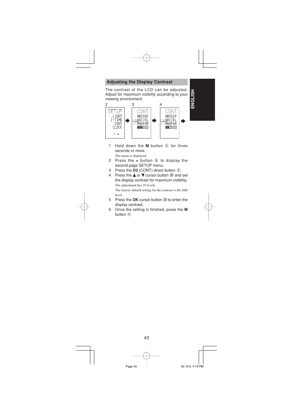 43 english, Adjusting the display contrast | Marantz RC1400 User Manual | Page 45 / 191