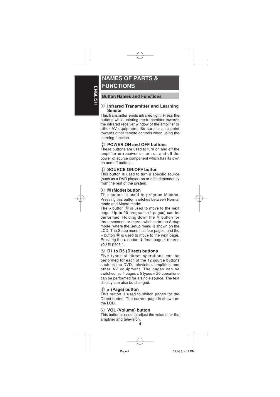 Names of parts & functions | Marantz RC1400 User Manual | Page 6 / 191