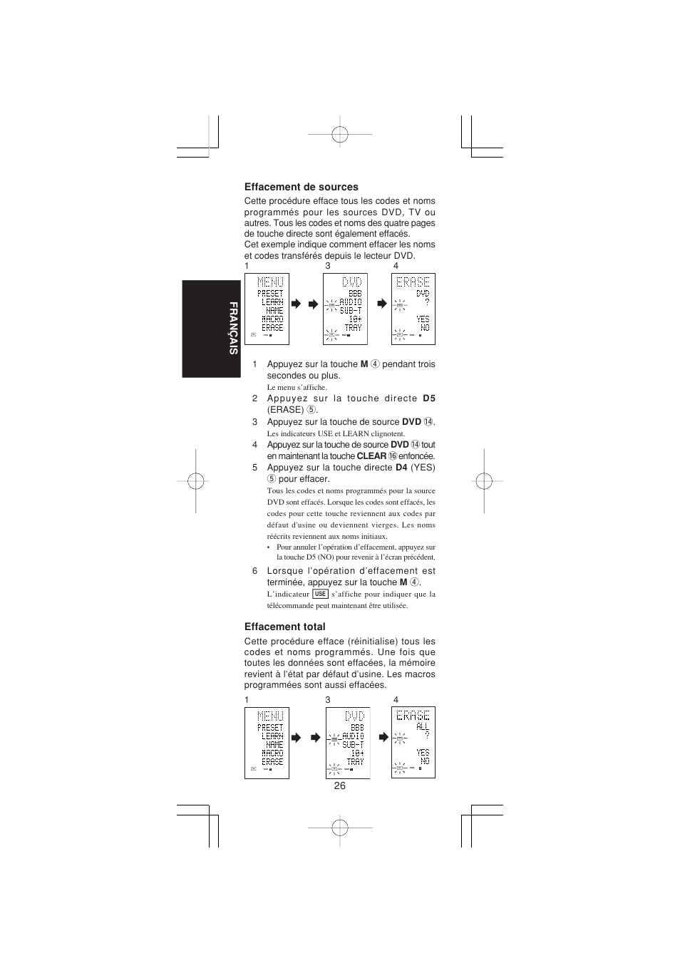 26 fran ç ais, Effacement de sources, Effacement total | Marantz RC1400 User Manual | Page 74 / 191