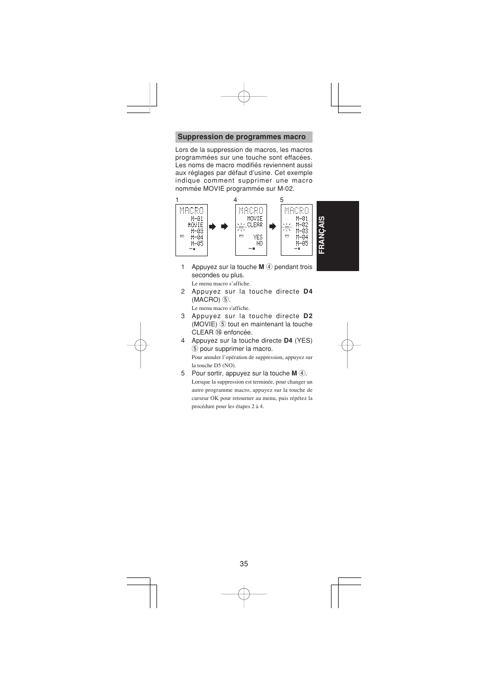 35 fran ç ais, Suppression de programmes macro | Marantz RC1400 User Manual | Page 83 / 191