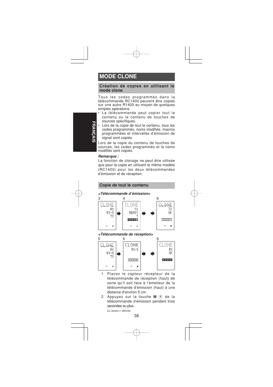 Mode clone, 38 fran ç ais, Création de copies en utilisant le mode clone | Copie de tout le contenu | Marantz RC1400 User Manual | Page 86 / 191