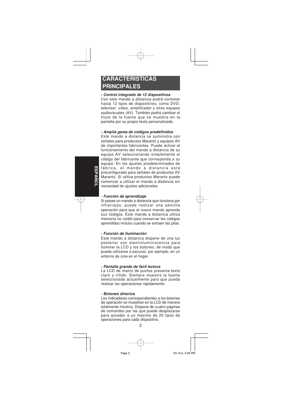 Características principales | Marantz RC1400 User Manual | Page 96 / 191