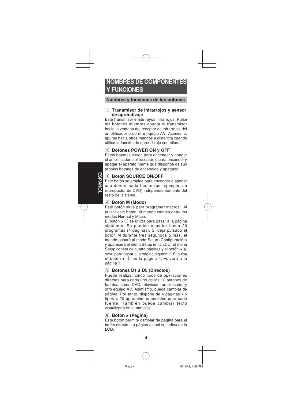 Nombres de componentes y funciones | Marantz RC1400 User Manual | Page 98 / 191