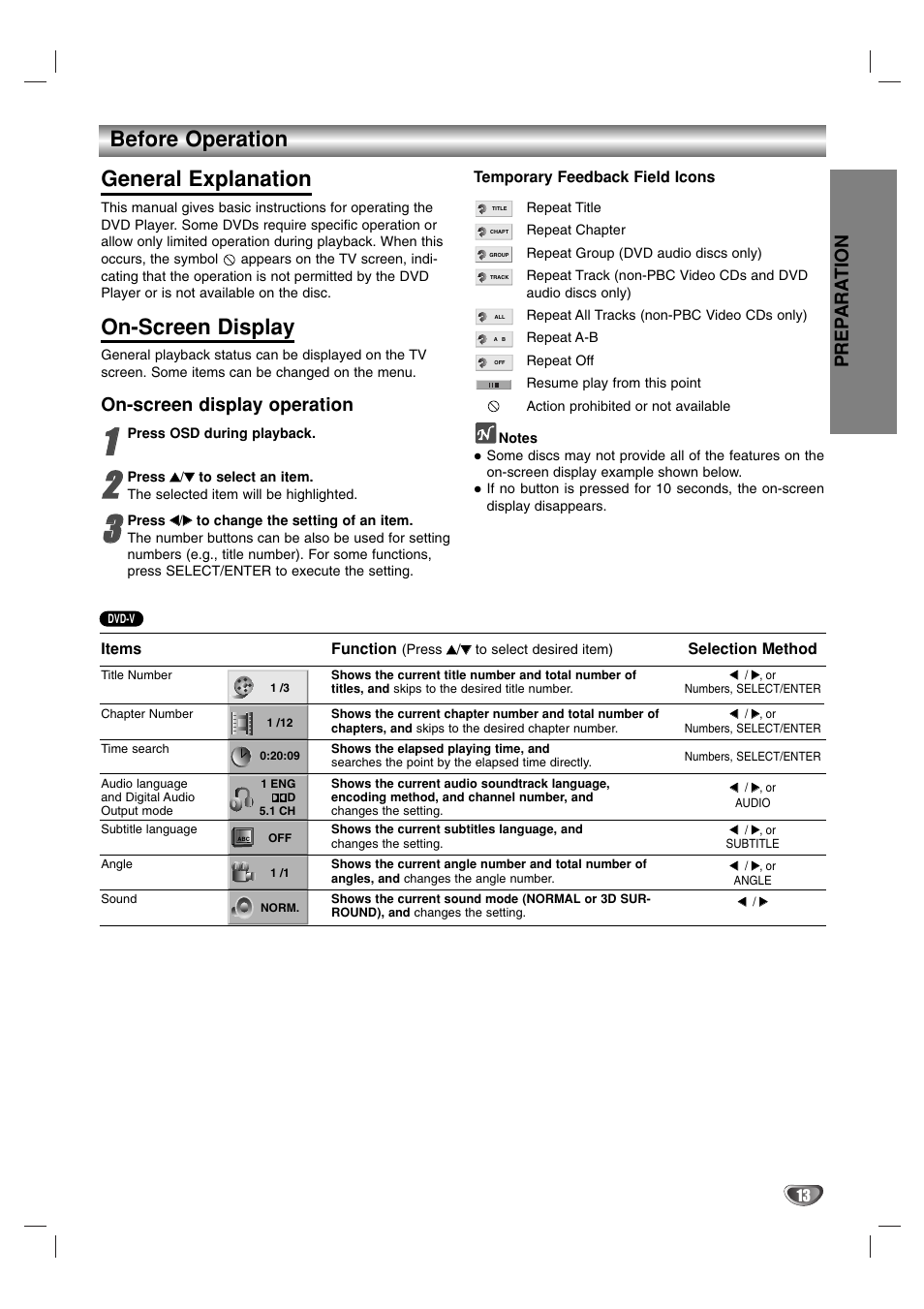 Before operation general explanation, On-screen display, Prep ara tion | On-screen display operation | Marantz VC5400 User Manual | Page 13 / 34