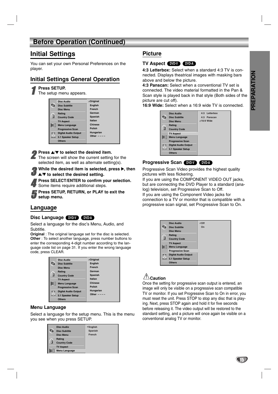Before operation (continued) initial settings, Prep ara tion, Initial settings general operation | Language, Picture, Disc language, Menu language, Tv aspect, Progressive scan | Marantz VC5400 User Manual | Page 15 / 34