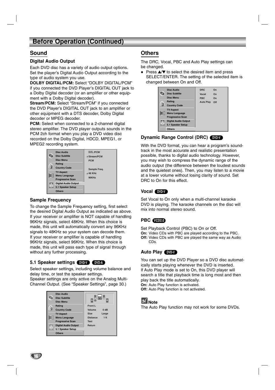 Before operation (continued), Sound, Others | Digital audio output, Sample frequency, 1 speaker settings, Dynamic range control (drc), Vocal, Auto play, Set playback control (pbc) to on or off | Marantz VC5400 User Manual | Page 16 / 34