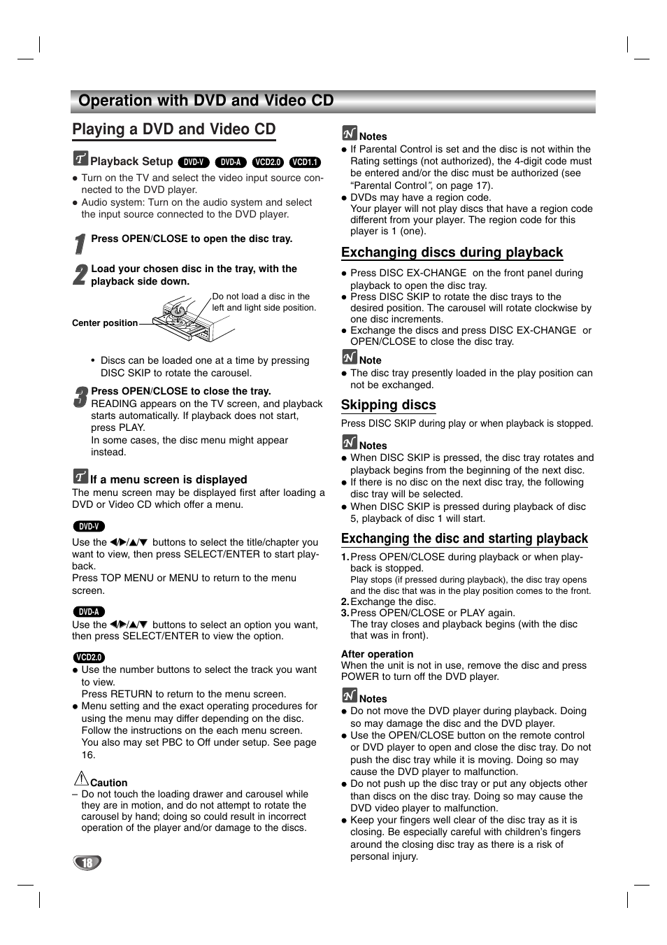 Playing a dvd and video cd, Operation with dvd and video cd | Marantz VC5400 User Manual | Page 18 / 34