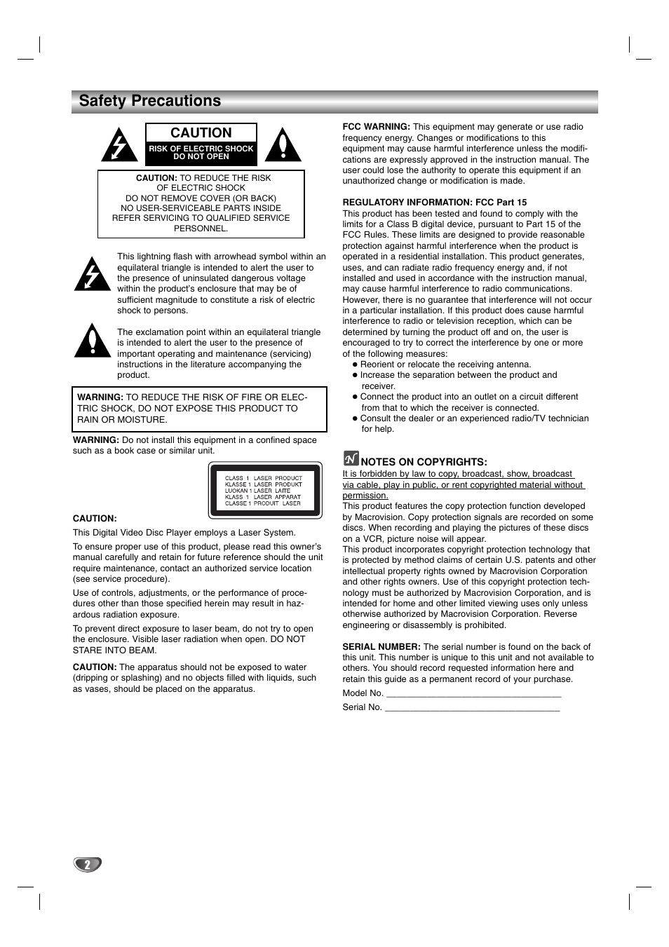 Safety precautions, Caution | Marantz VC5400 User Manual | Page 2 / 34