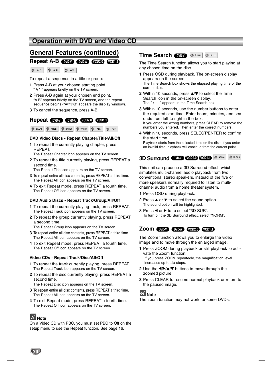 Repeat a-b, Repeat, Time search | 3d surround, Zoom | Marantz VC5400 User Manual | Page 20 / 34