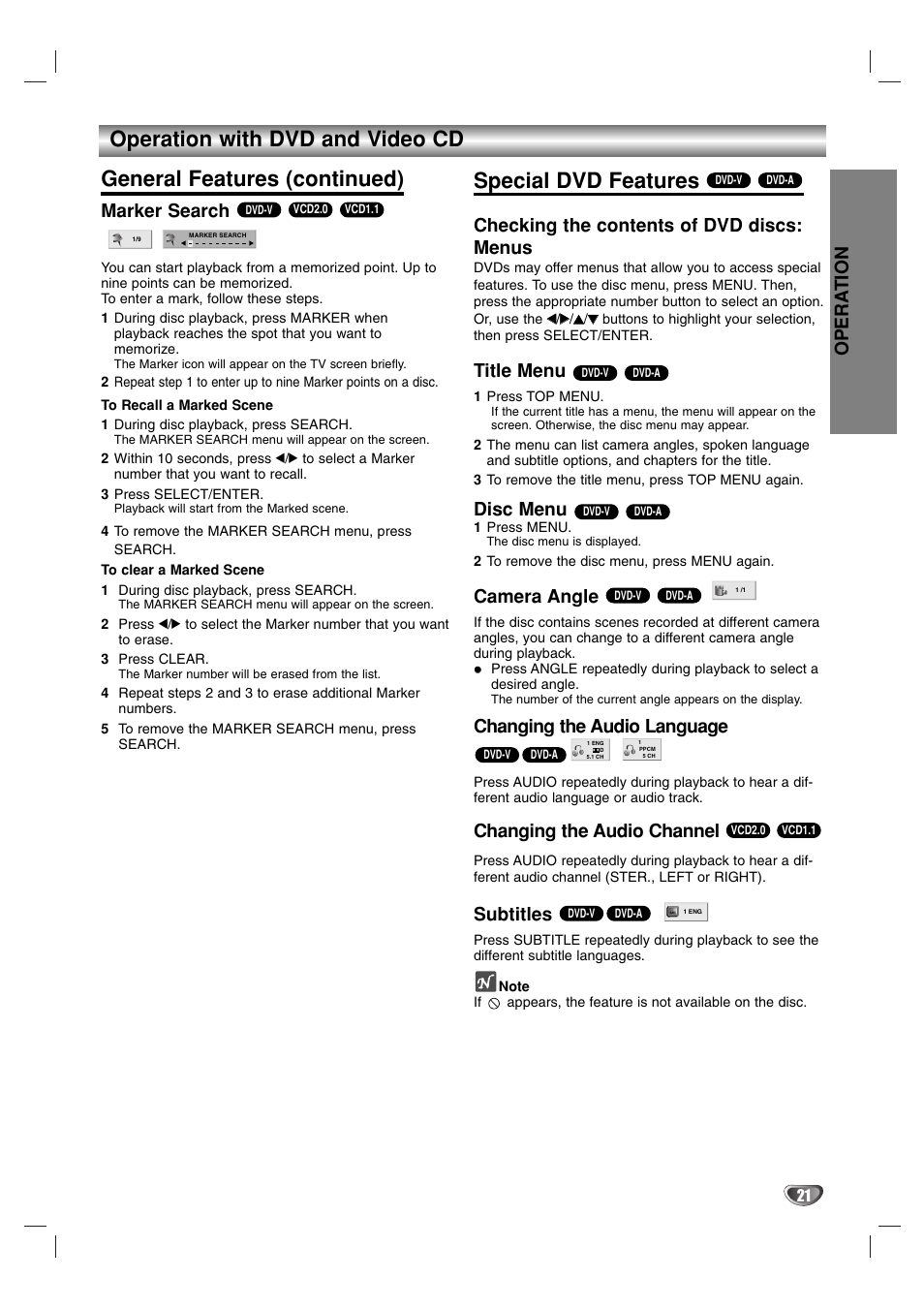 Special dvd features, Opera tion, Marker search | Checking the contents of dvd discs: menus, Title menu, Disc menu, Camera angle, Changing the audio language, Changing the audio channel, Subtitles | Marantz VC5400 User Manual | Page 21 / 34