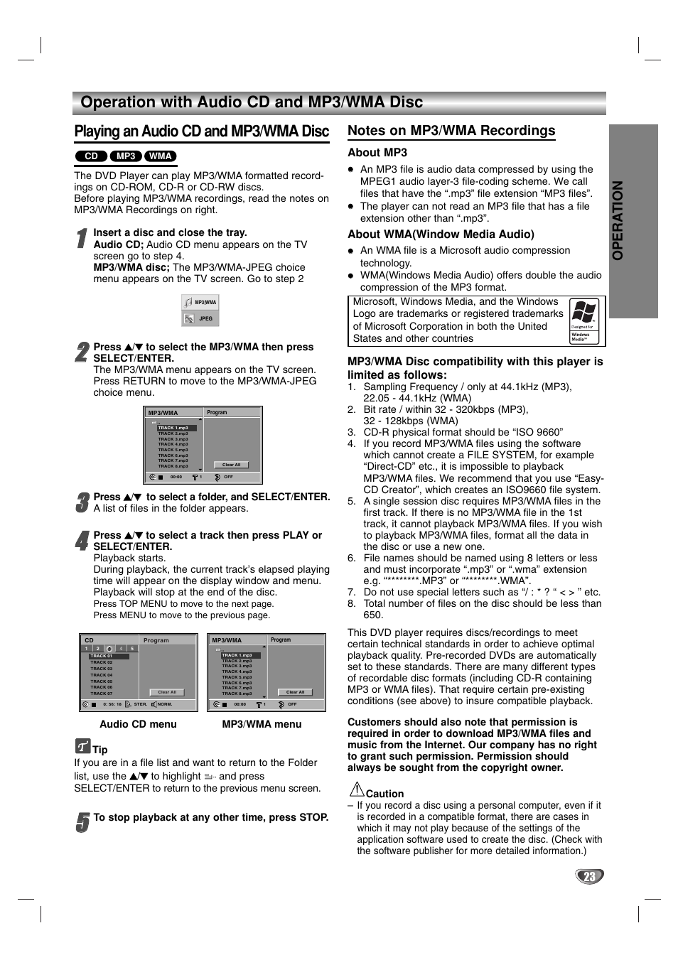 Playing an audio cd and mp3/wma disc, Operation with audio cd and mp3/wma disc, Opera tion | Marantz VC5400 User Manual | Page 23 / 34