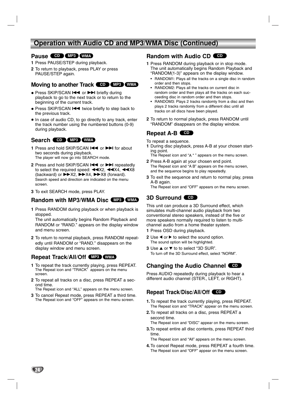 Pause, Moving to another track, Search | Random with mp3/wma disc, Repeat track/all/off, Random with audio cd, Repeat a-b, 3d surround, Changing the audio channel, Repeat track/disc/all/off | Marantz VC5400 User Manual | Page 24 / 34