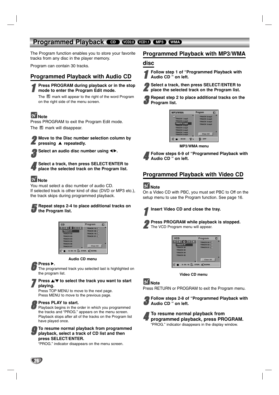 Programmed playback, Programmed playback with audio cd, Programmed playback with mp3/wma disc | Programmed playback with video cd | Marantz VC5400 User Manual | Page 26 / 34