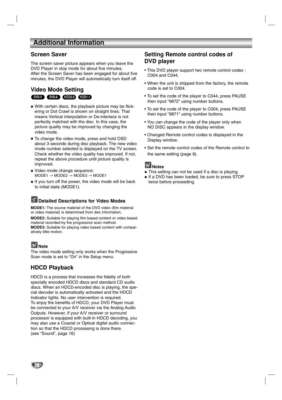 Additional information, Screen saver, Video mode setting | Hdcd playback, Setting remote control codes of dvd player | Marantz VC5400 User Manual | Page 28 / 34