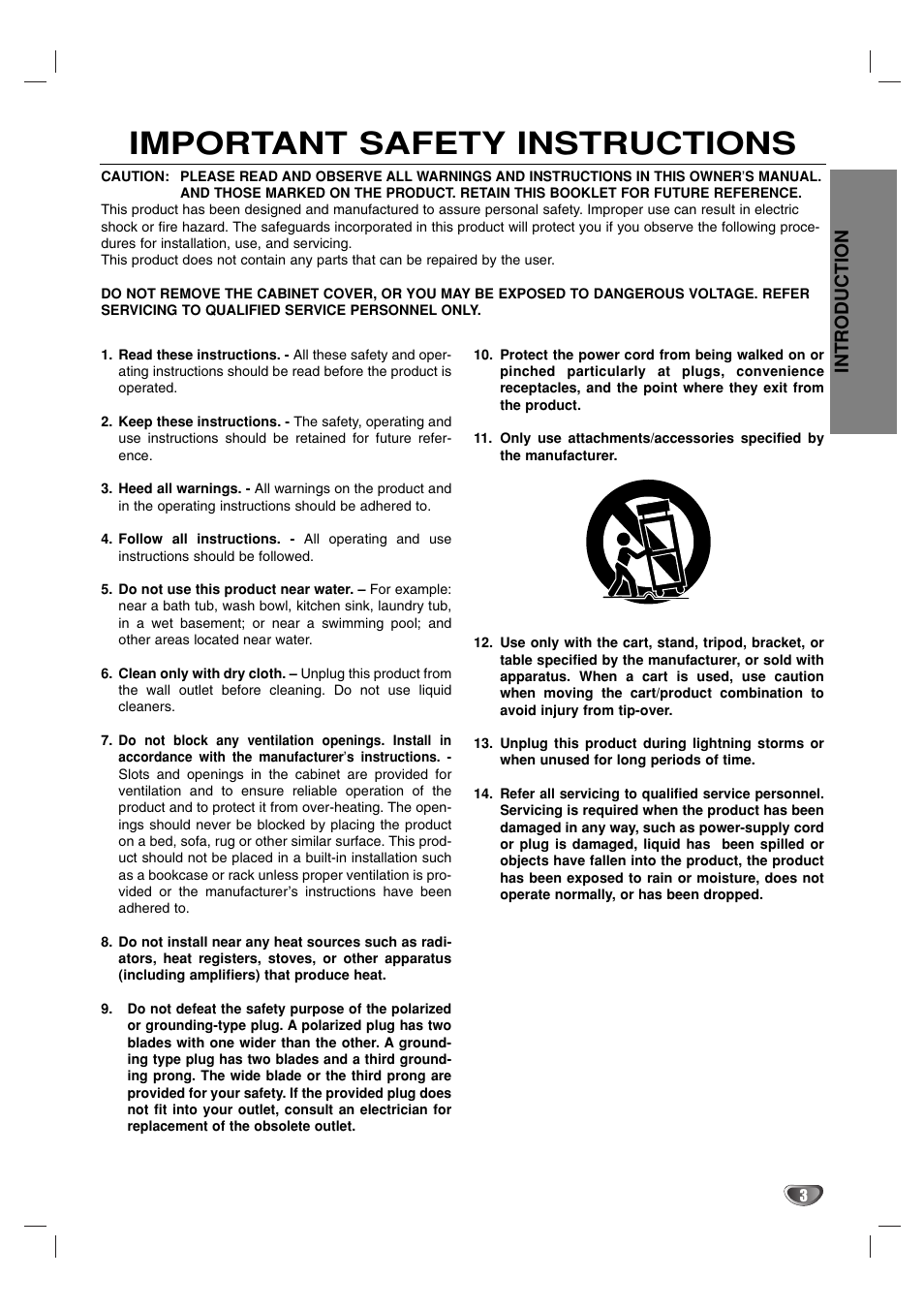 Important safety instructions, Introduction | Marantz VC5400 User Manual | Page 3 / 34