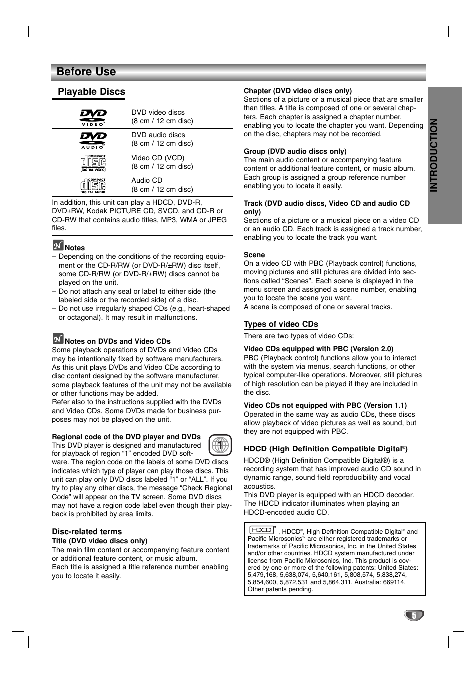 Before use, Introduction, Playable discs | Marantz VC5400 User Manual | Page 5 / 34