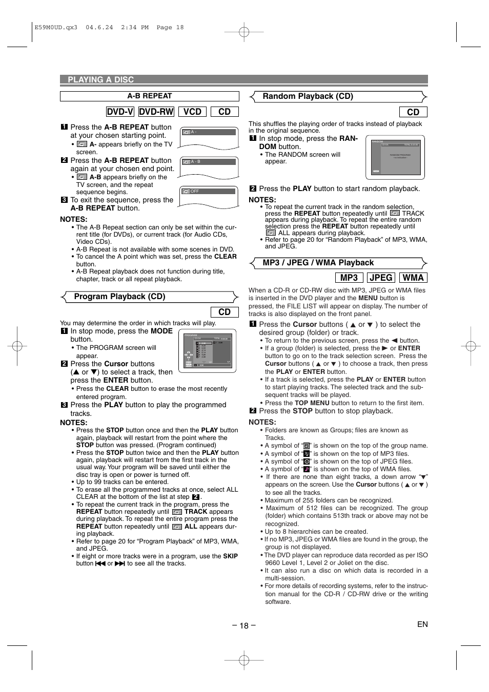 Wma jpeg mp3, Cd vcd dvd-rw dvd-v, Program playback (cd) | Playing a disc | Marantz DV4500 User Manual | Page 18 / 28