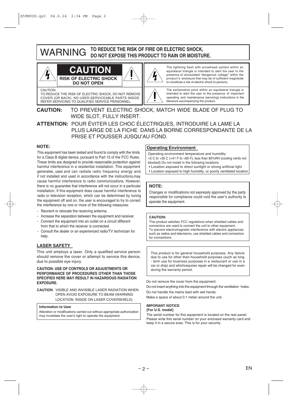 Warning, Caution | Marantz DV4500 User Manual | Page 2 / 28