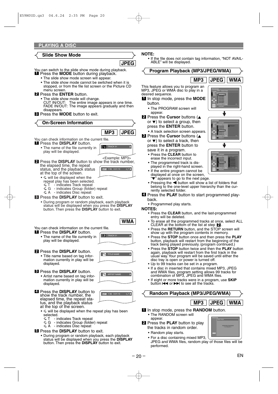 Jpeg mp3, Jpeg, Wma jpeg mp3 | On-screen information, Slide show mode, Program playback (mp3/jpeg/wma), Random playback (mp3/jpeg/wma) playing a disc – 20 | Marantz DV4500 User Manual | Page 20 / 28