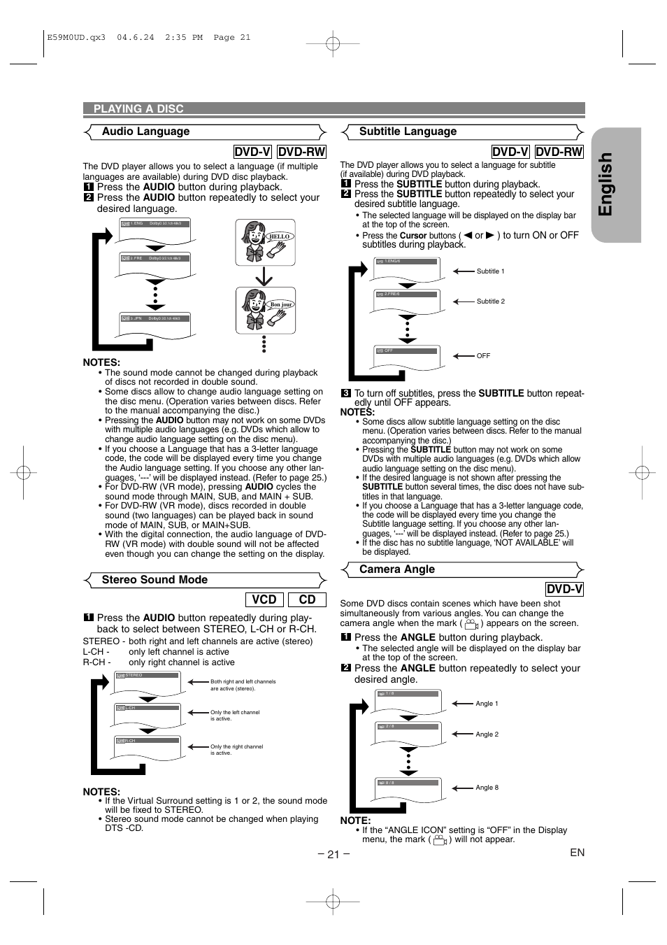 English, Dvd-v, Dvd-rw dvd-v | Cd vcd, Playing a disc, Audio language, Stereo sound mode subtitle language camera angle | Marantz DV4500 User Manual | Page 21 / 28