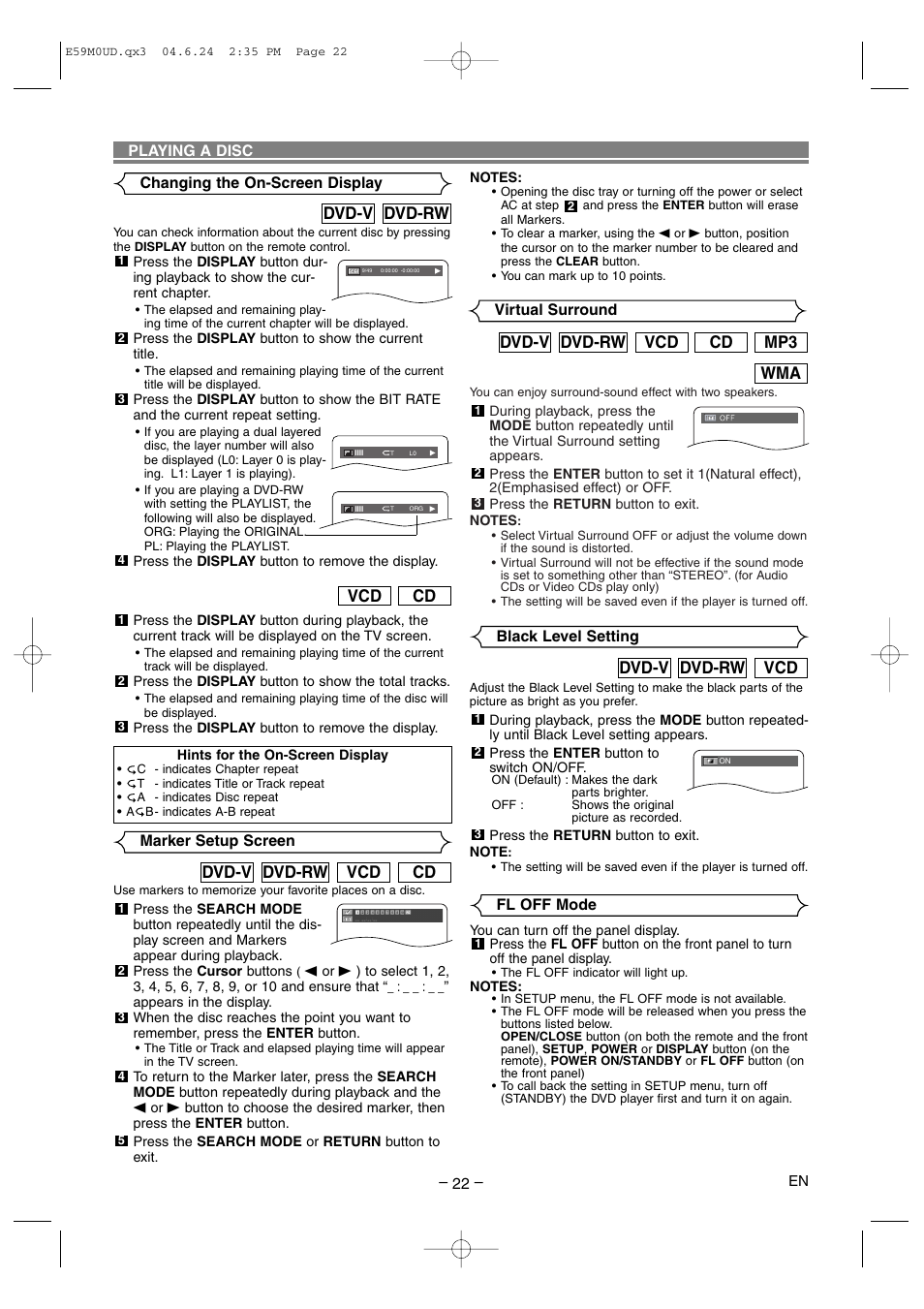 Wma mp3 cd vcd dvd-rw dvd-v, Dvd-rw dvd-v, Cd vcd | Cd vcd dvd-rw dvd-v, Vcd dvd-rw dvd-v | Marantz DV4500 User Manual | Page 22 / 28