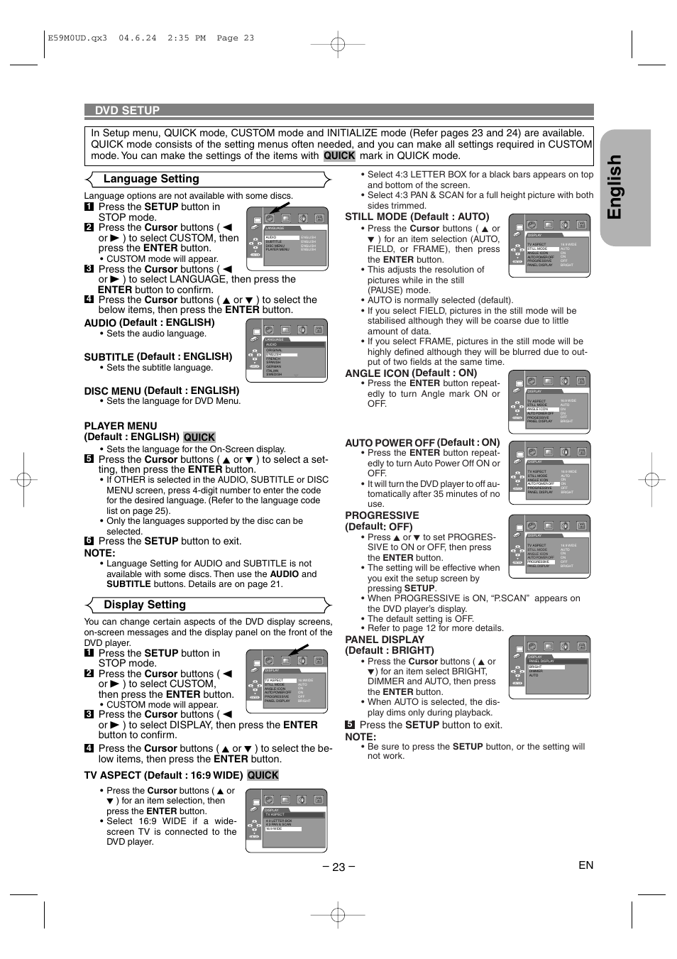 English, Display setting, Language setting – 23 | Dvd setup | Marantz DV4500 User Manual | Page 23 / 28