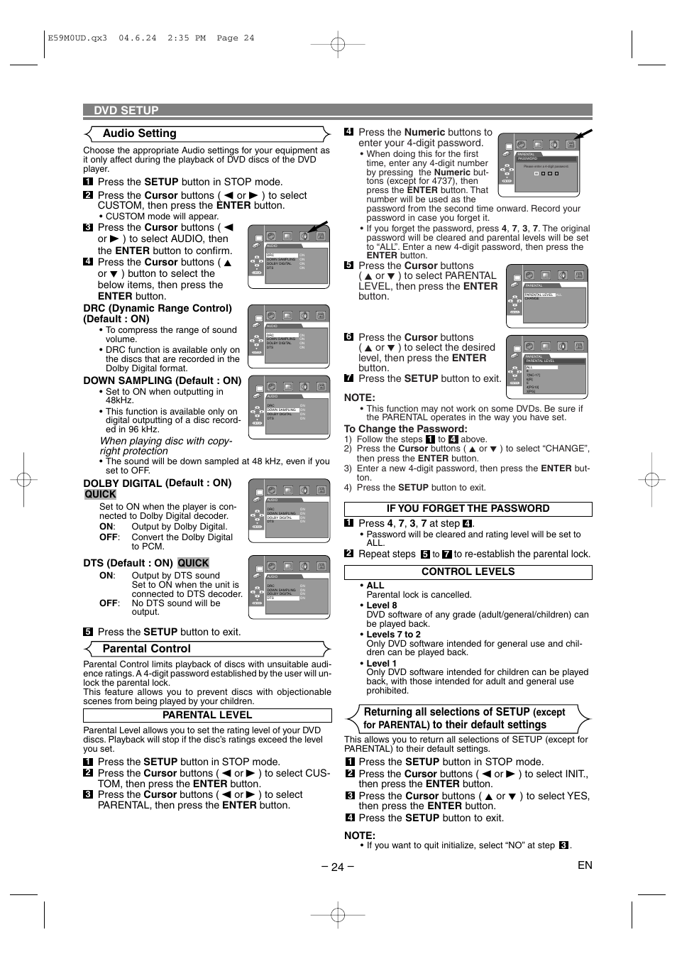 Dvd setup, Parental control, Audio setting | Returning all selections of setup | Marantz DV4500 User Manual | Page 24 / 28