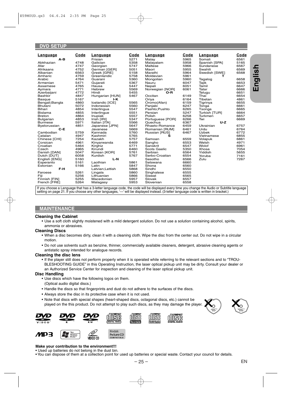 English, Dvd setup, Maintenance | Cleaning the cabinet, Cleaning discs, Cleaning the disc lens, Disc handling | Marantz DV4500 User Manual | Page 25 / 28