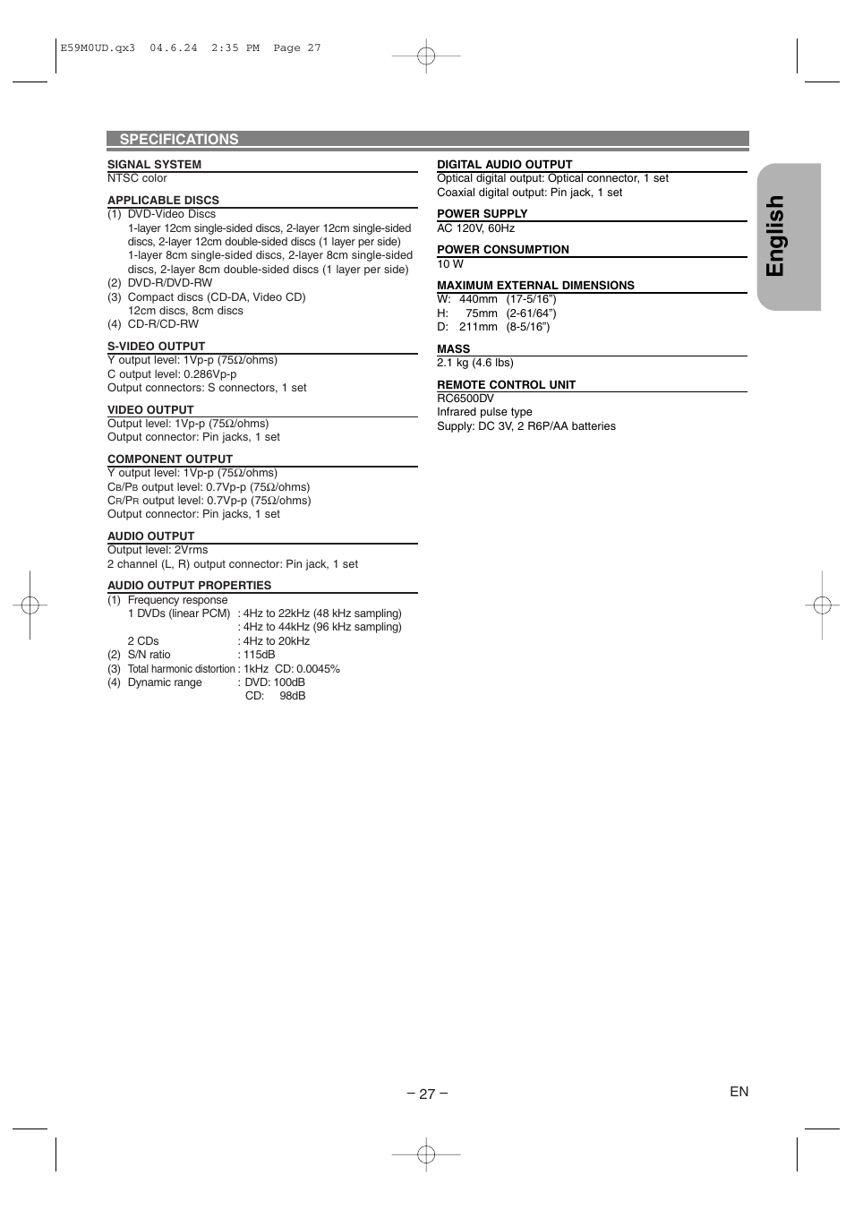 English, Specifications | Marantz DV4500 User Manual | Page 27 / 28