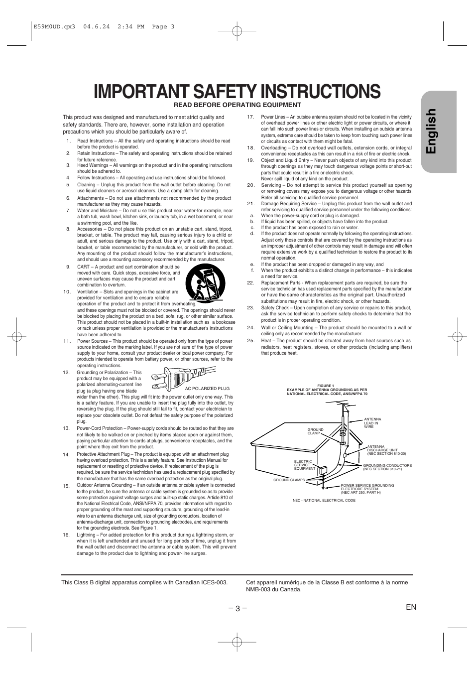 Important safety instructions, English | Marantz DV4500 User Manual | Page 3 / 28