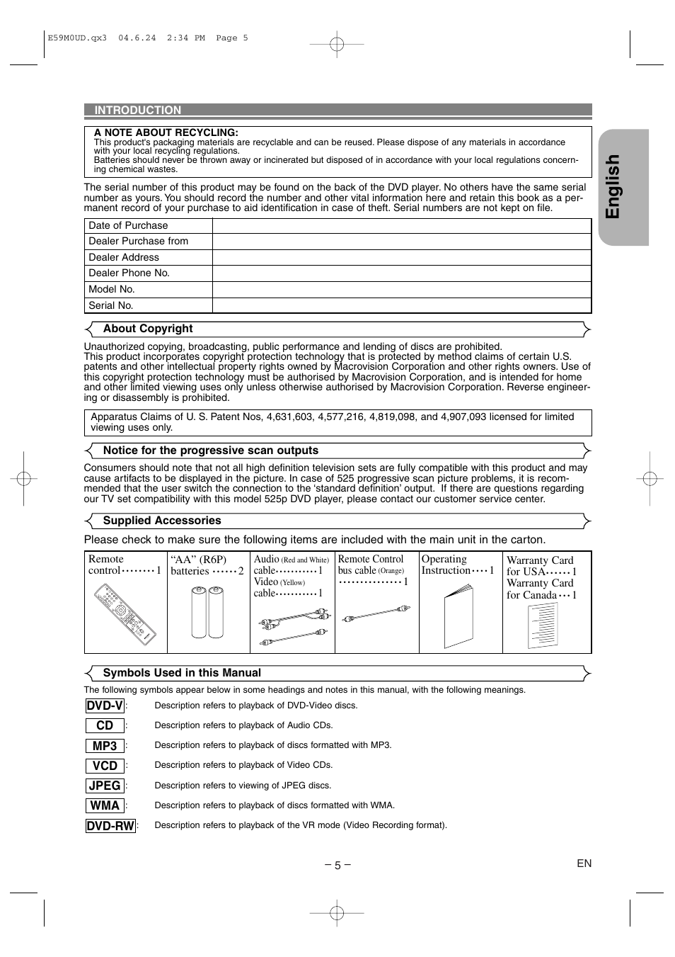 English | Marantz DV4500 User Manual | Page 5 / 28