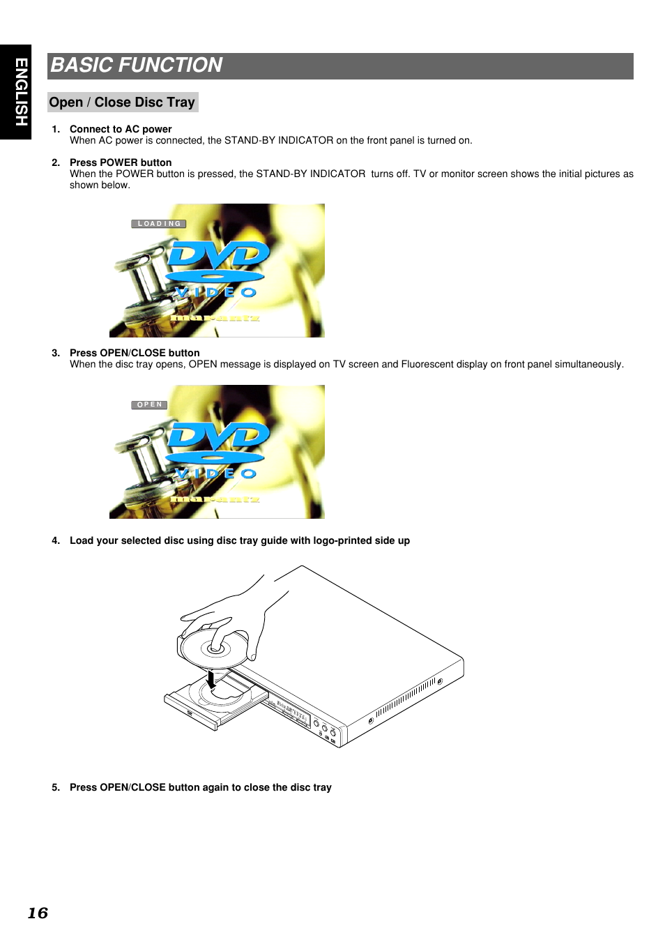 Basic function, English 16, Open / close disc tray | Marantz DV4300 User Manual | Page 20 / 47