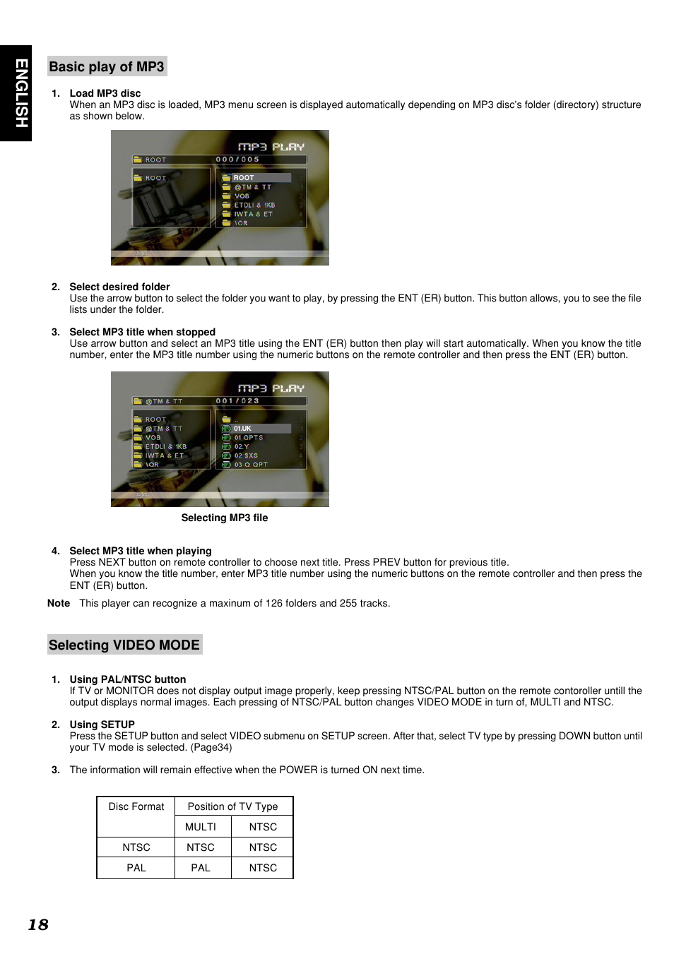 English 18, Basic play of mp3, Selecting video mode | Marantz DV4300 User Manual | Page 22 / 47