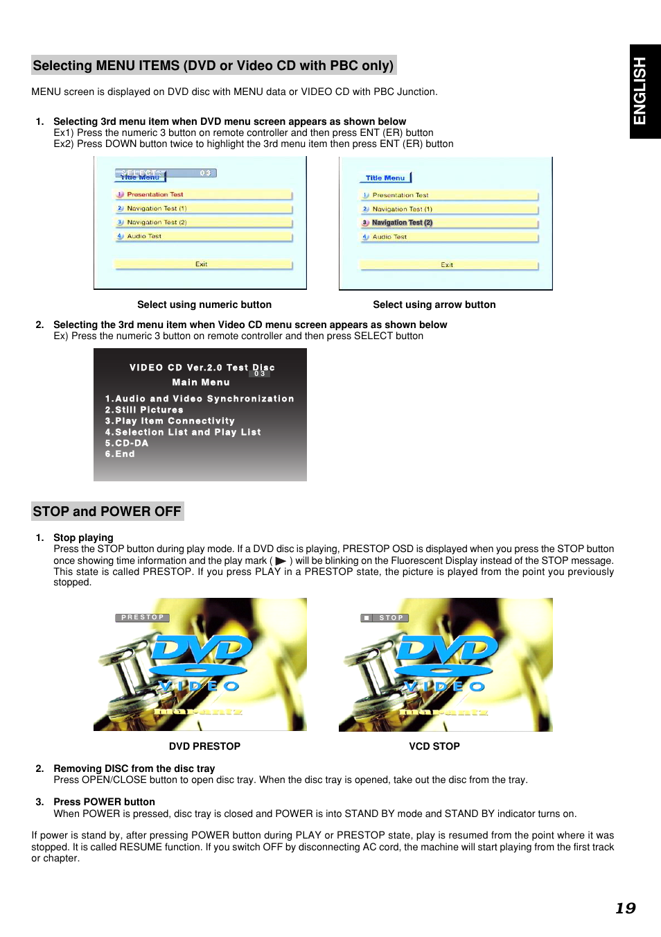 English 19, Stop and power off | Marantz DV4300 User Manual | Page 23 / 47