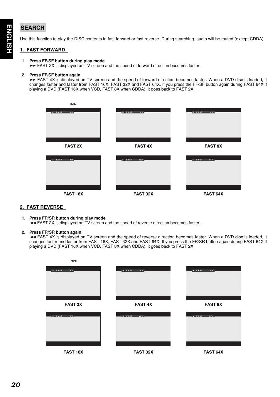 English 20, Search, Fast forward | Fast reverse | Marantz DV4300 User Manual | Page 24 / 47