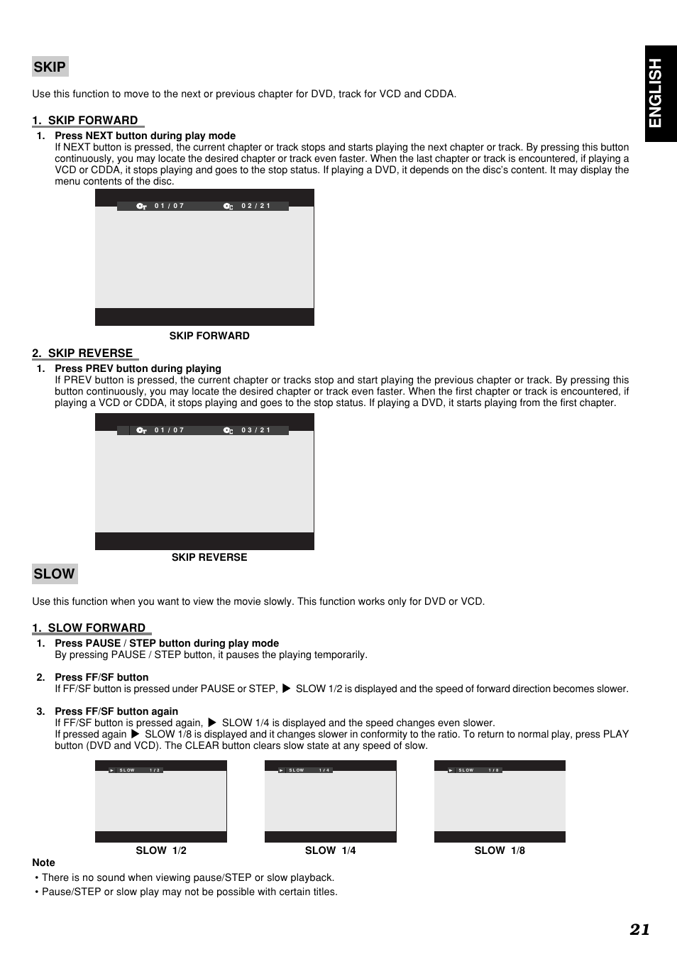 English 21, Skip, Slow | Skip forward, Skip reverse, Slow forward | Marantz DV4300 User Manual | Page 25 / 47