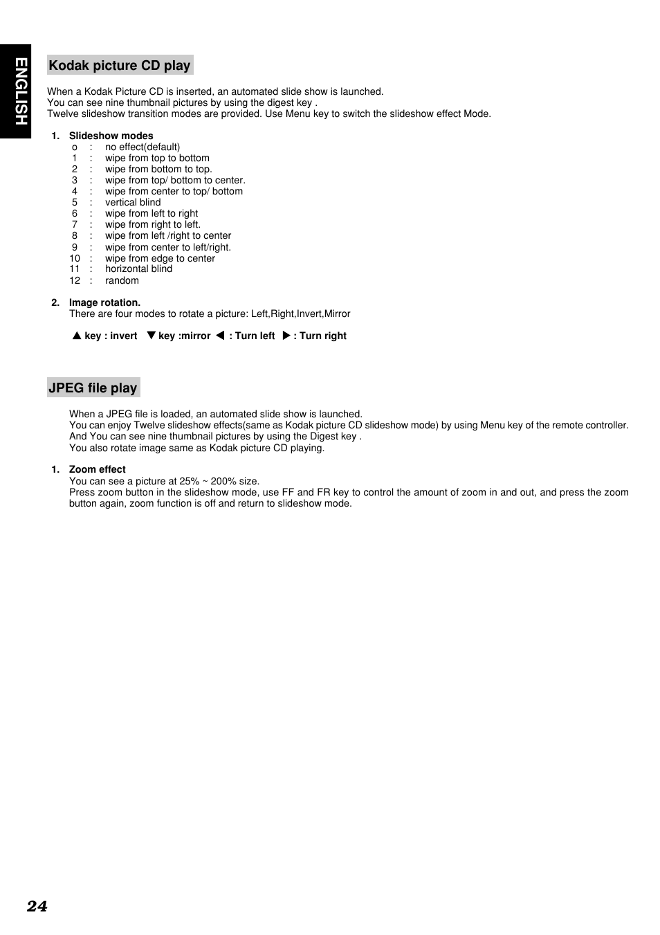 English 24, Kodak picture cd play, Jpeg file play | Marantz DV4300 User Manual | Page 28 / 47