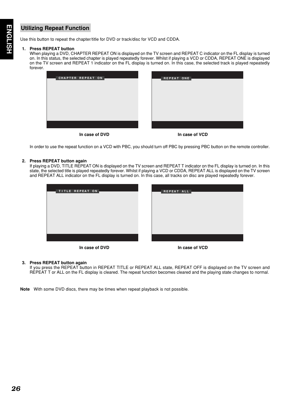 English 26, Utilizing repeat function | Marantz DV4300 User Manual | Page 30 / 47
