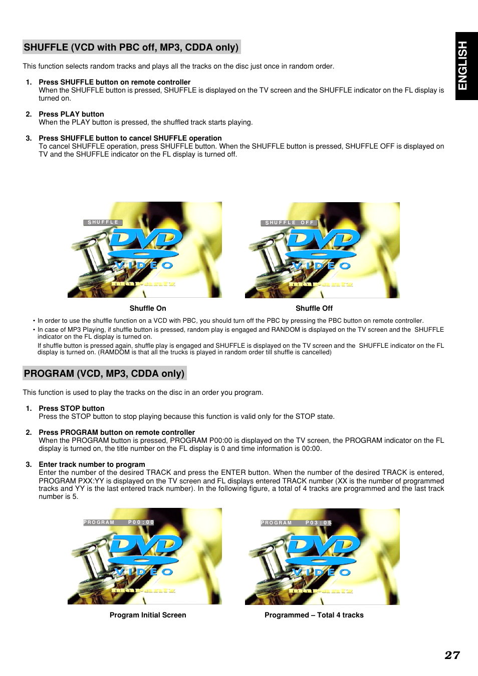 English 27, Shuffle (vcd with pbc off, mp3, cdda only), Program (vcd, mp3, cdda only) | Marantz DV4300 User Manual | Page 31 / 47