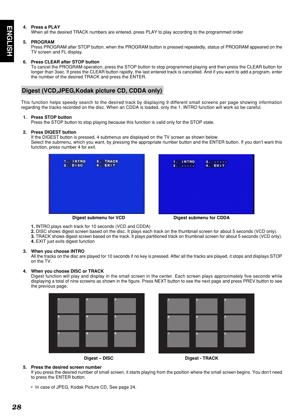 English 28, Digest (vcd,jpeg,kodak picture cd, cdda only) | Marantz DV4300 User Manual | Page 32 / 47