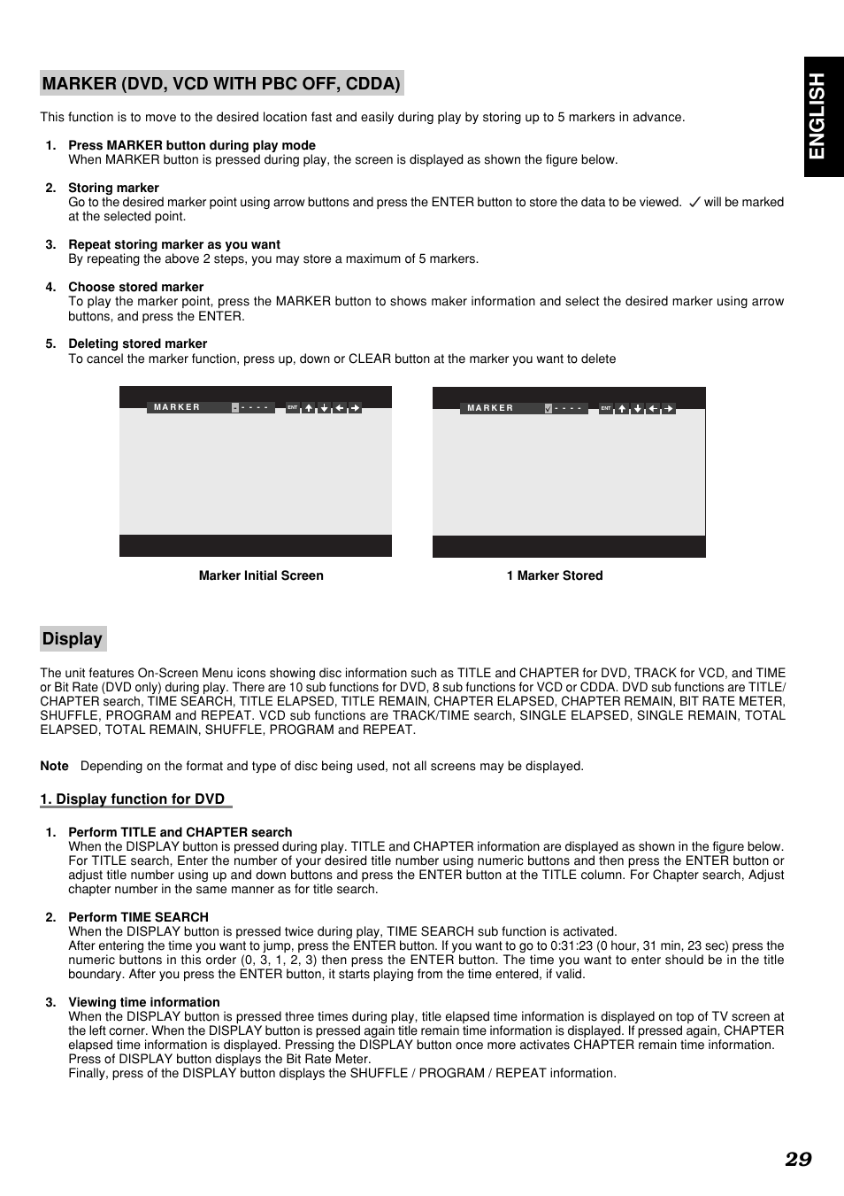 English 29, Marker (dvd, vcd with pbc off, cdda), Display | Display function for dvd | Marantz DV4300 User Manual | Page 33 / 47