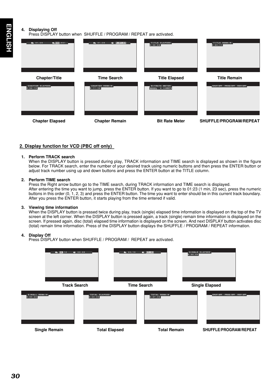English 30, Display function for vcd (pbc off only), Track search time search single elapsed | Marantz DV4300 User Manual | Page 34 / 47