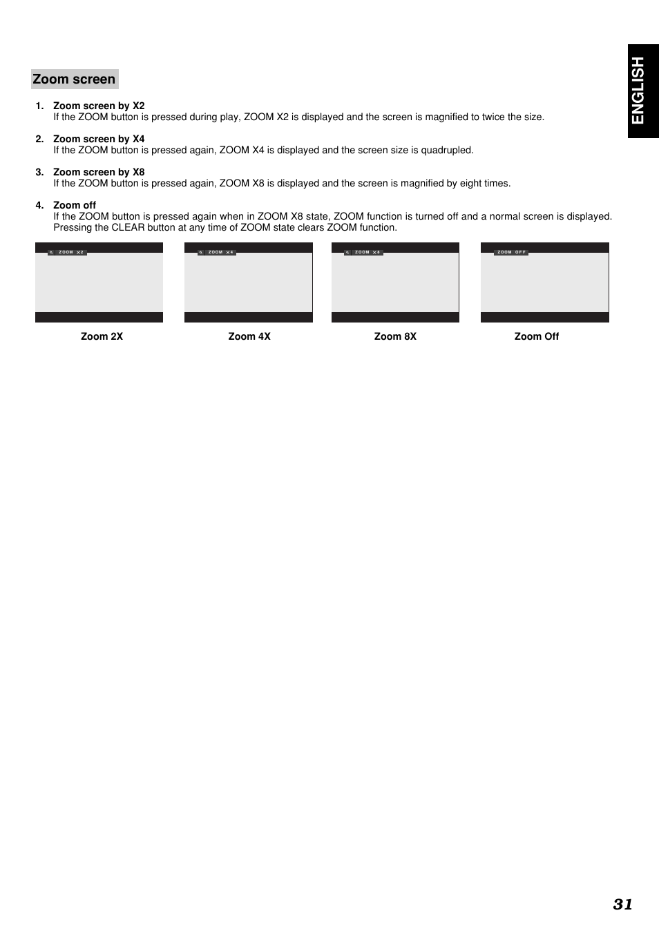 English 31, Zoom screen | Marantz DV4300 User Manual | Page 35 / 47