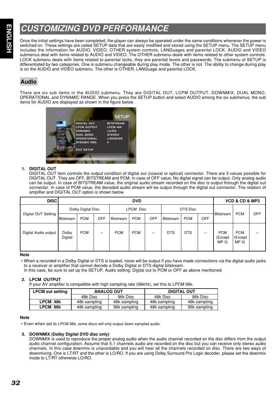 Customizing dvd performance, English 32, Audio | Marantz DV4300 User Manual | Page 36 / 47