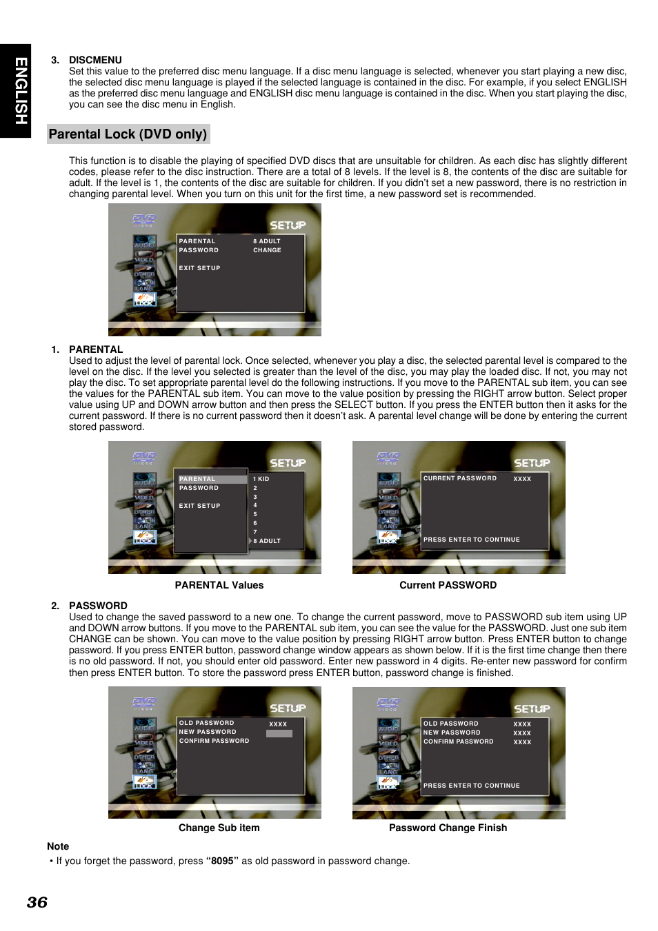 English 36, Parental lock (dvd only) | Marantz DV4300 User Manual | Page 40 / 47