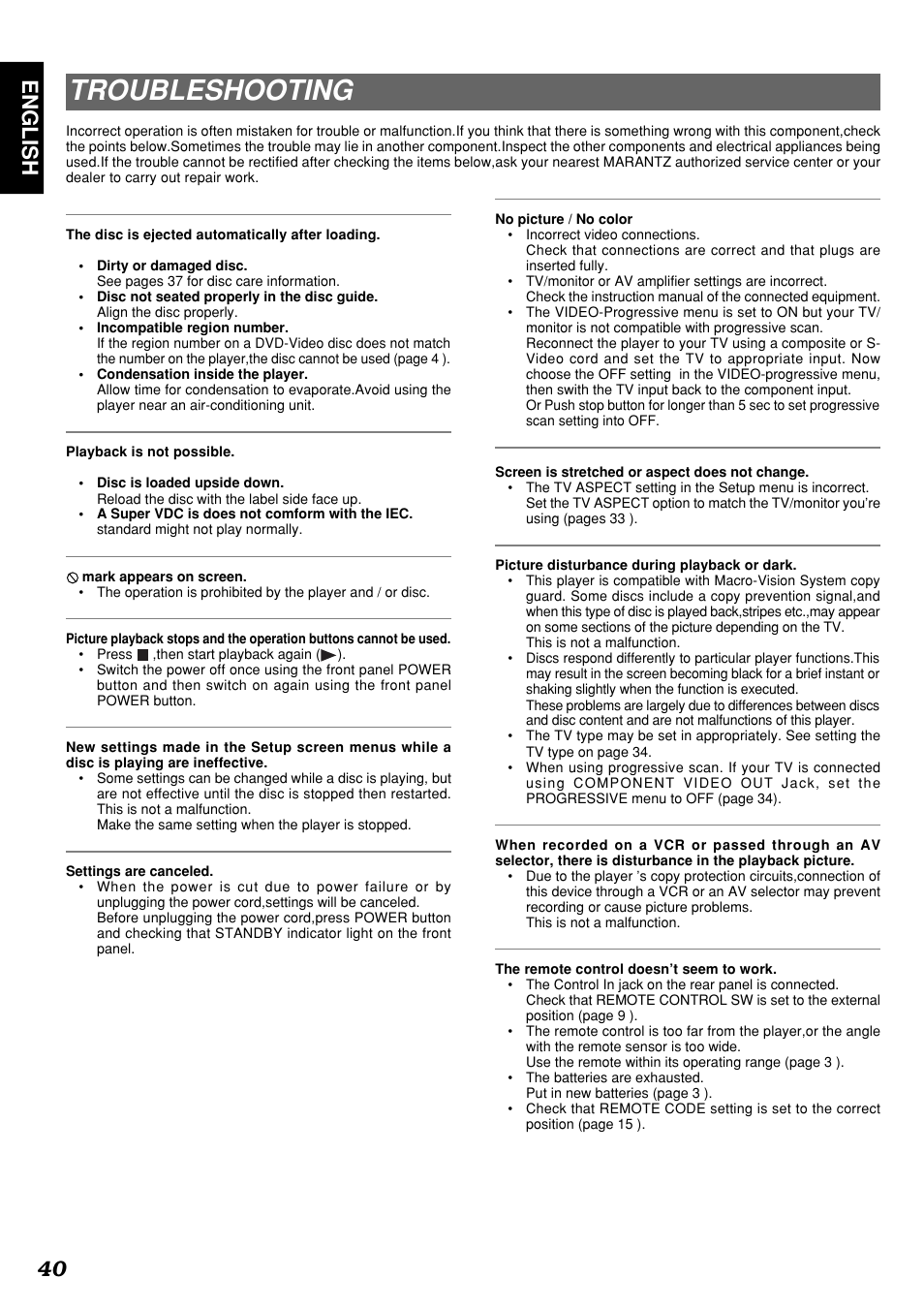 Troubleshooting, English 40 | Marantz DV4300 User Manual | Page 44 / 47