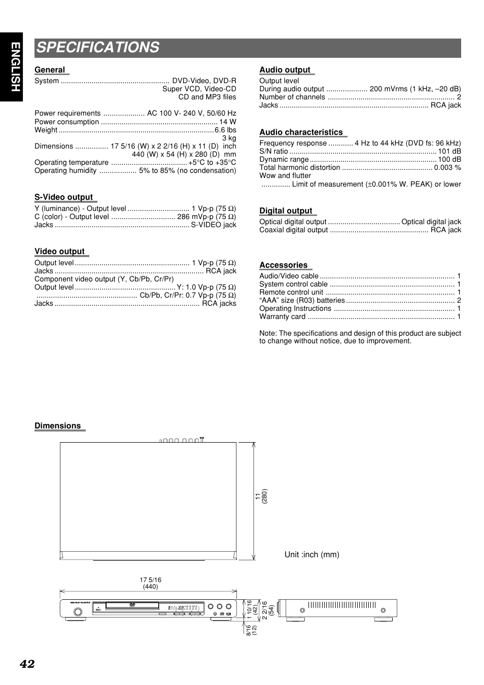 Specifications, English 42 | Marantz DV4300 User Manual | Page 46 / 47