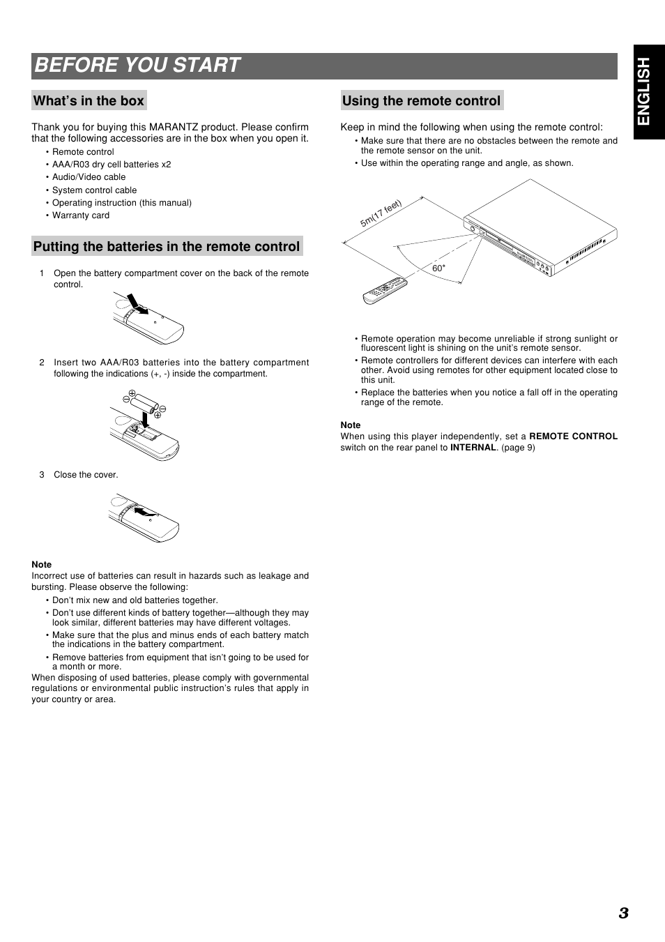 Before you start, English 3, What’s in the box | Putting the batteries in the remote control, Using the remote control | Marantz DV4300 User Manual | Page 7 / 47