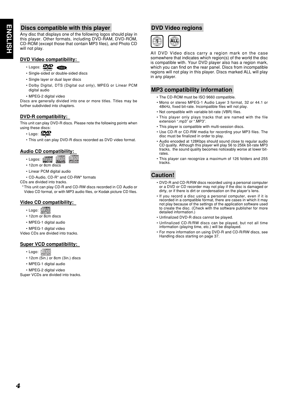 English 4, Discs compatible with this player, Dvd video regions | Mp3 compatibility information, Caution | Marantz DV4300 User Manual | Page 8 / 47