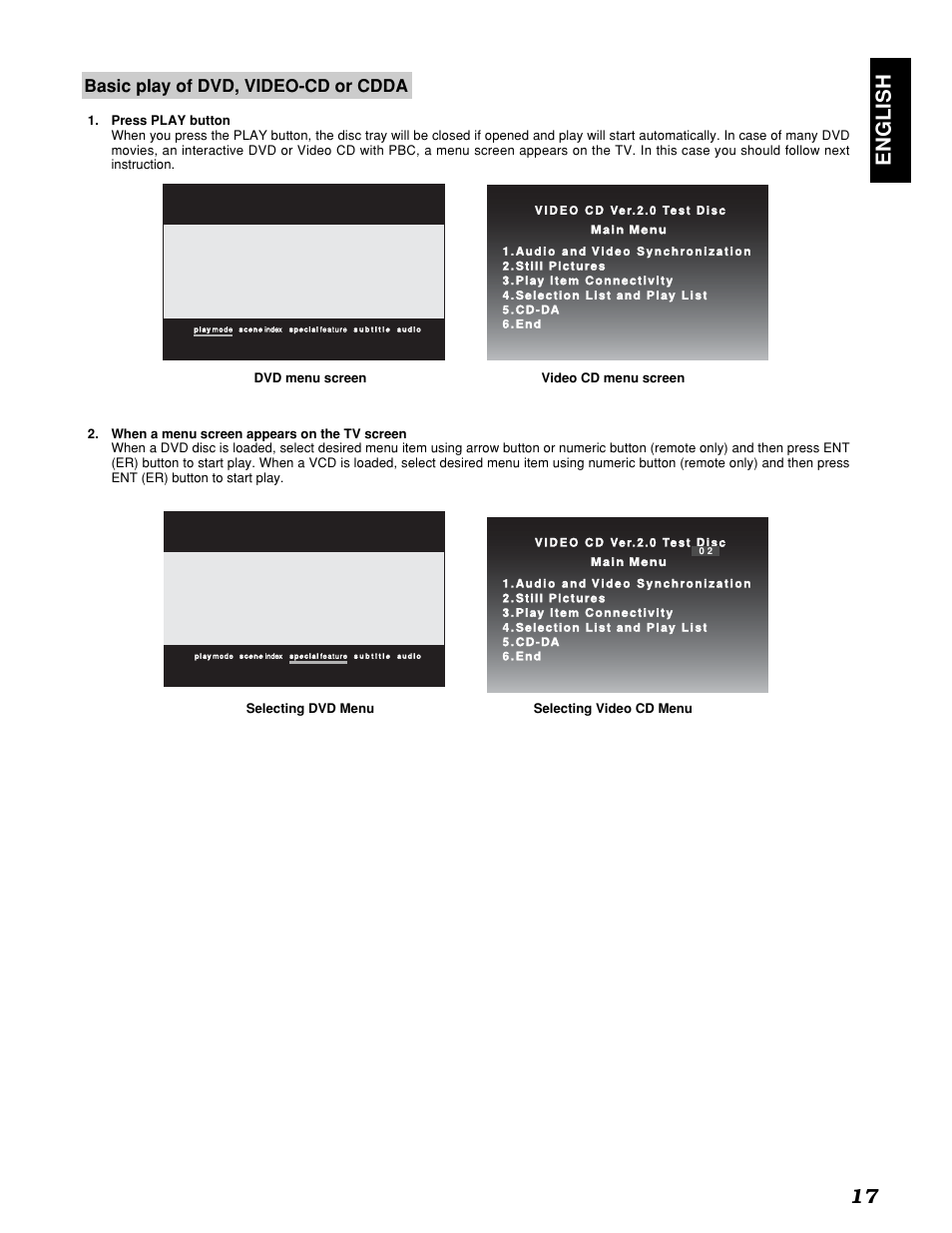 English 17, Basic play of dvd, video-cd or cdda | Marantz PMD910 User Manual | Page 21 / 48